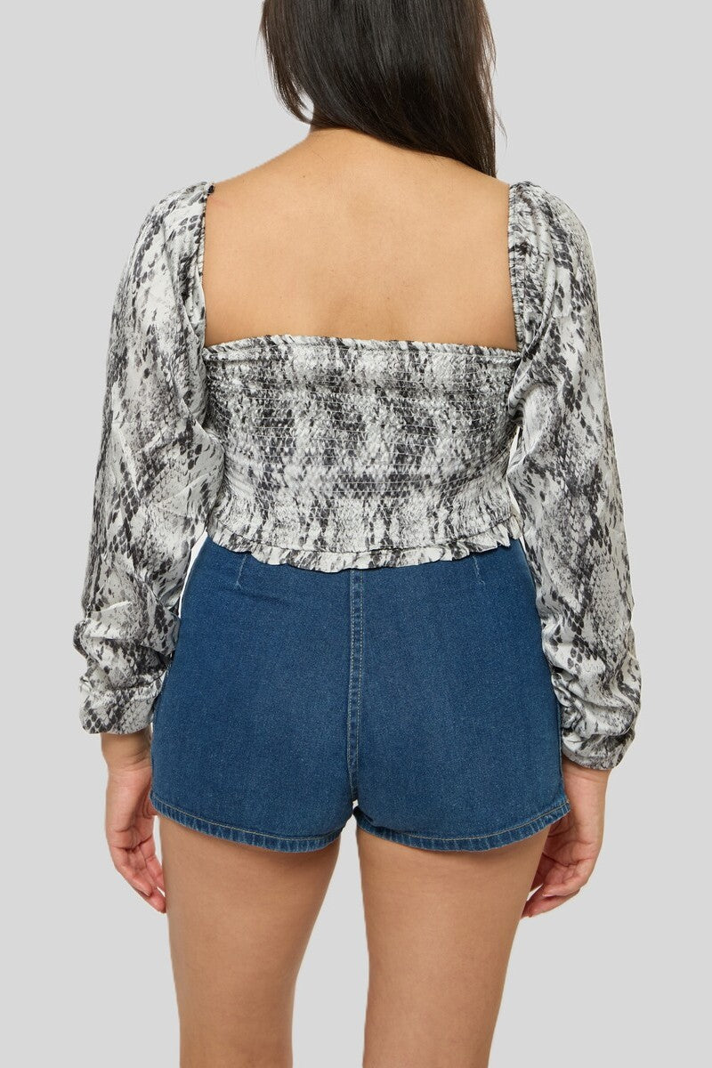 Snake Print Smocked Peasant Top - Image 3