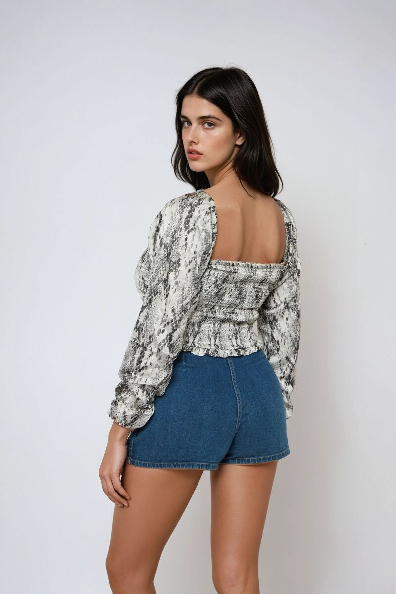 Snake Print Smocked Peasant Top - Image 2