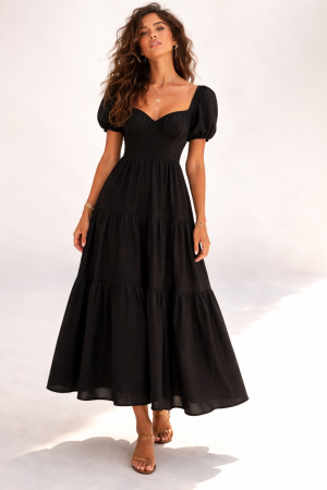 Tiered Puff-Sleeve Maxi Dress