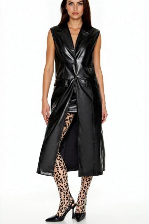 Notched Faux Leather Longline Vest