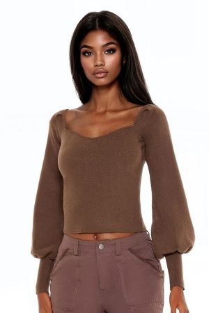 Gigot-Sleeve Sweater-Knit Crop Top
