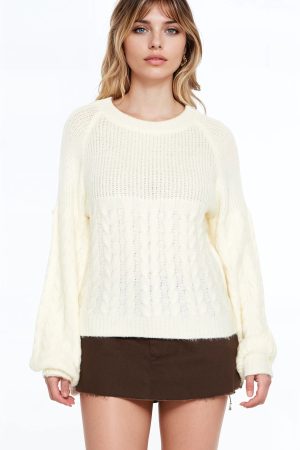 Peasant-Sleeve Cable Knit Sweater