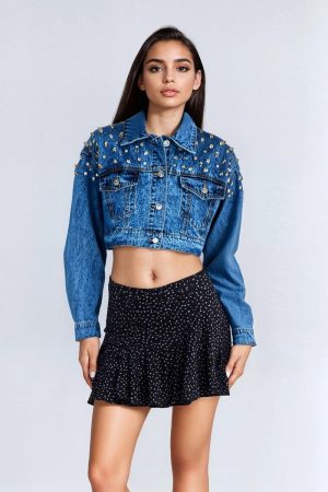 Cropped Rhinestone Denim Jacket