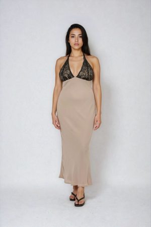 Lace Halter Crepe Maxi Dress