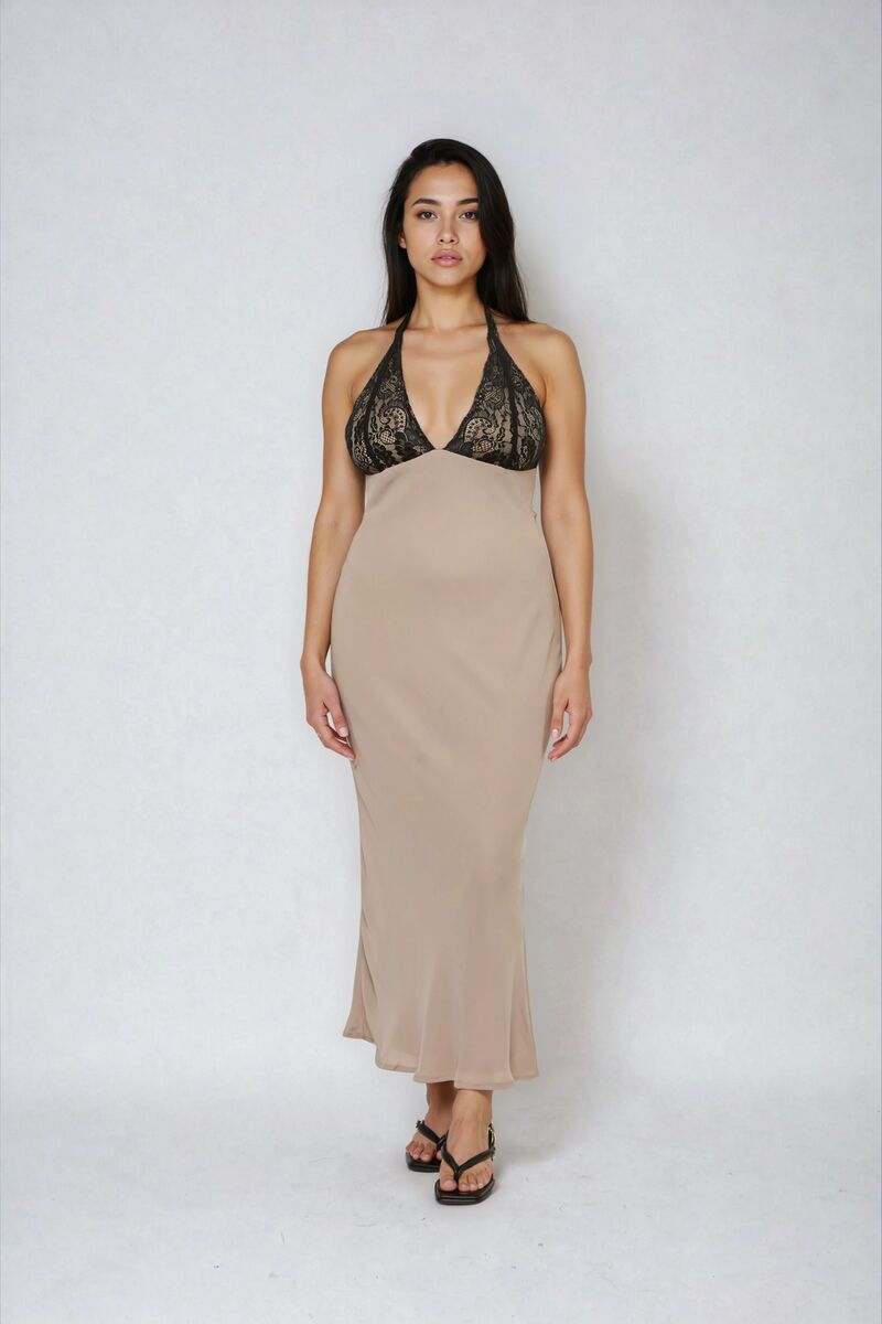 Lace Halter Crepe Maxi Dress