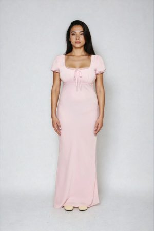 Puff-Sleeve Satin Maxi Dress