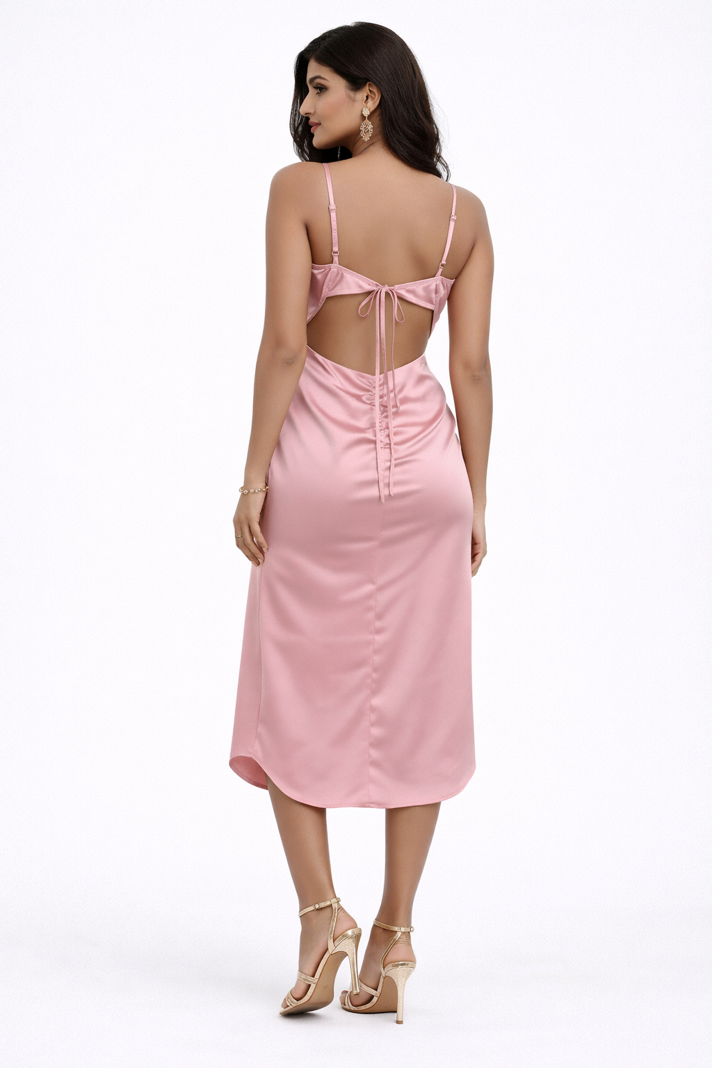 RUCHED SATIN MIDI DRESS WITH HIGH SLIT - Image 2