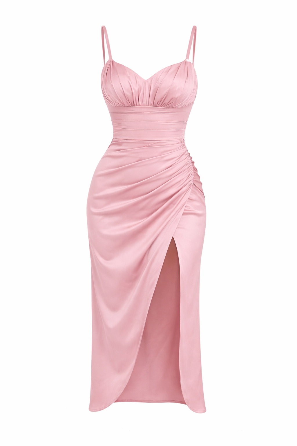 RUCHED SATIN MIDI DRESS WITH HIGH SLIT - Image 3