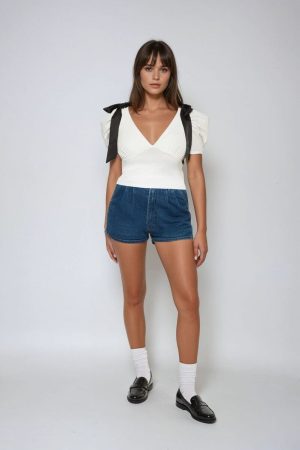 Puff-Sleeve Satin Bow Top