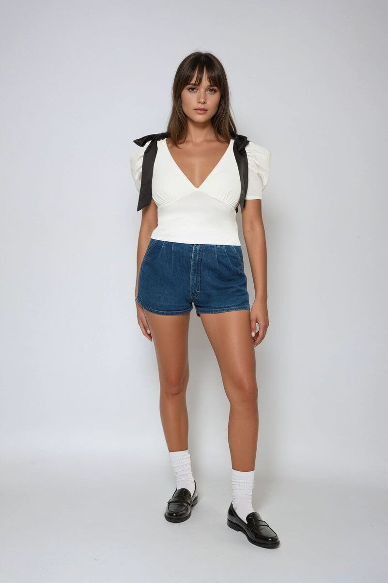 Puff-Sleeve Satin Bow Top
