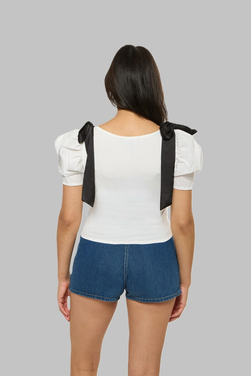 Puff-Sleeve Satin Bow Top - Image 2