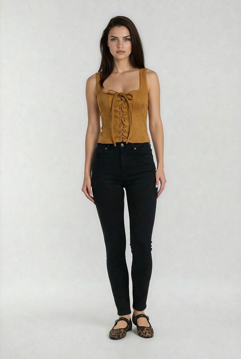 Faux Suede Lace-Up Corset Top - Image 4