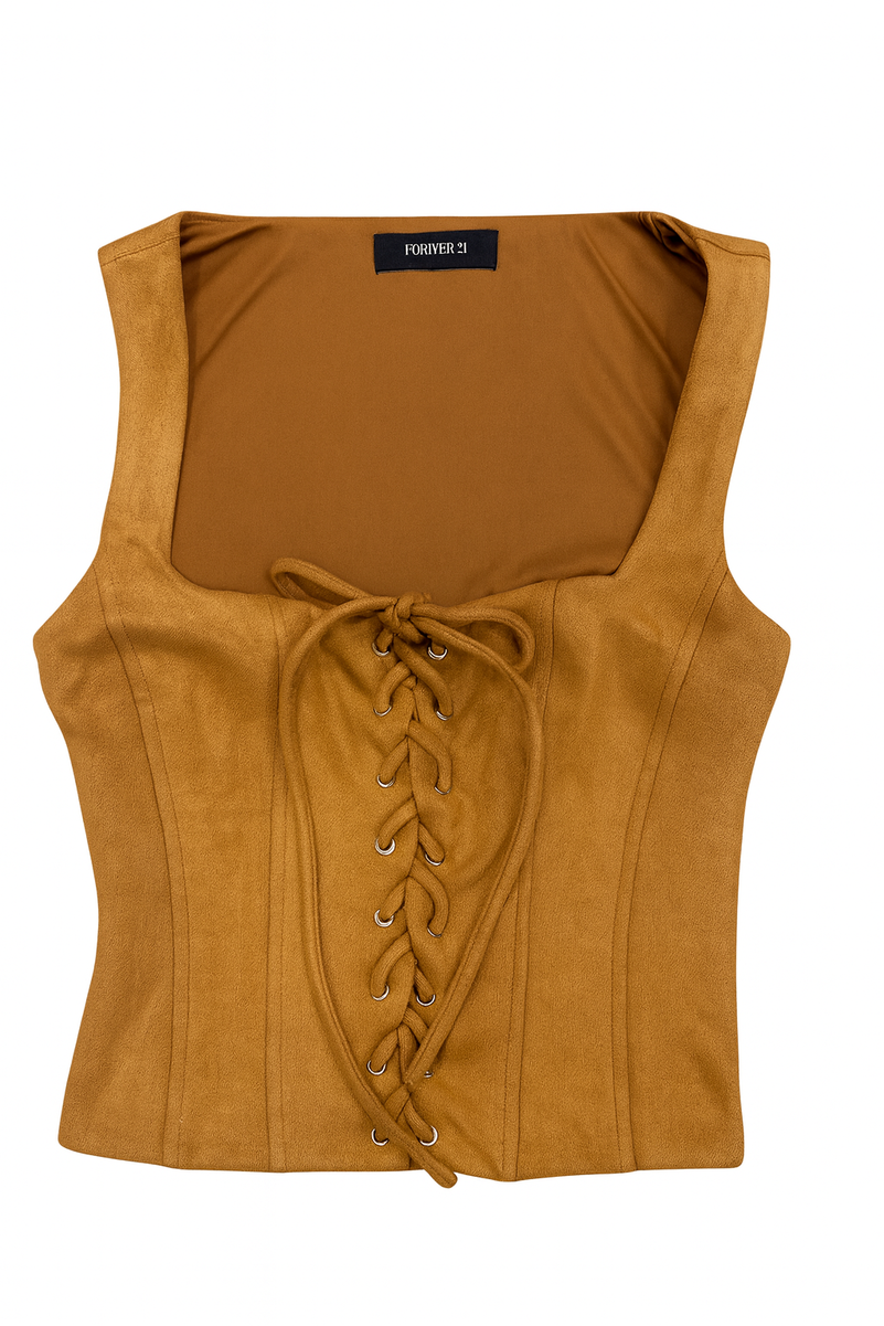 Faux Suede Lace-Up Corset Top - Image 3
