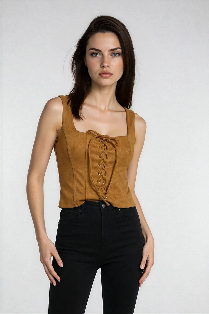 Faux Suede Lace-Up Corset Top - Image 6