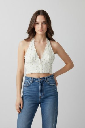 Floral Lace-Trim Halter Crop Top