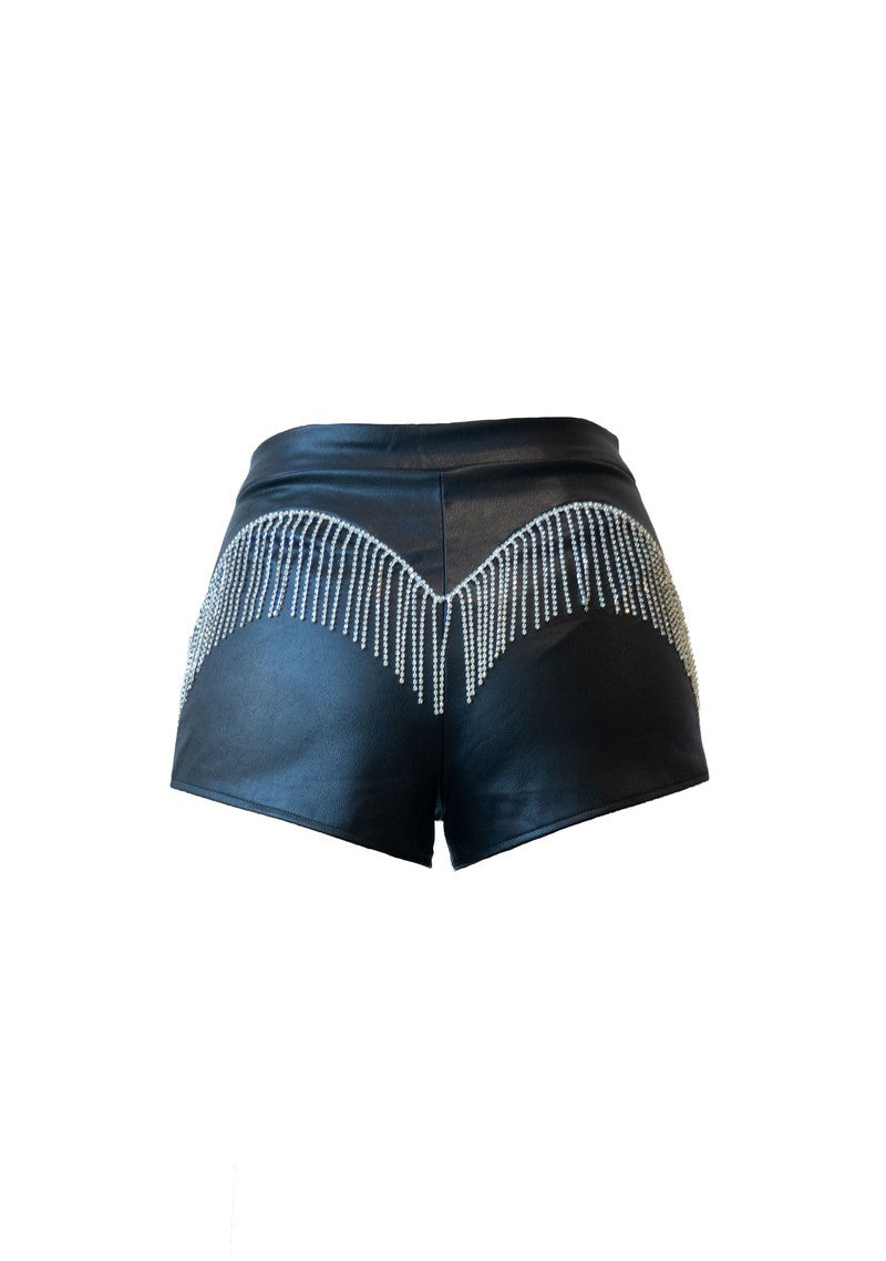 Rhinestone-Fringe Faux Leather Shorts - Image 3