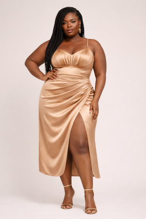 PLUS SIZE RUCHED SATIN MIDI DRESS WITH HIGH SLIT