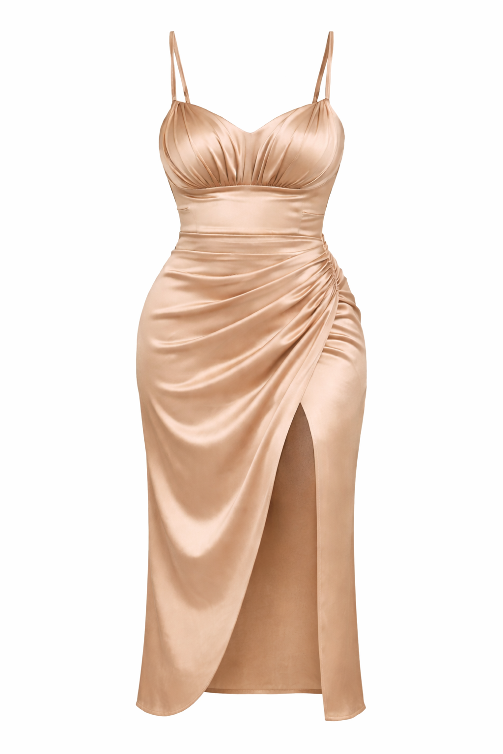 PLUS SIZE RUCHED SATIN MIDI DRESS WITH HIGH SLIT - Image 3