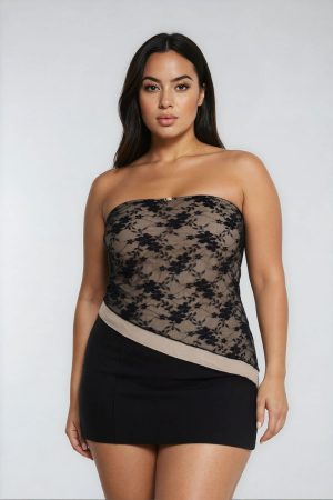 Plus Size Floral Lace Asymmetrical-Hem Tube Top