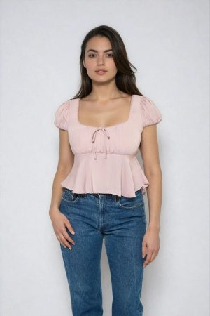 Satin Puff-Sleeve Peplum Crop Top