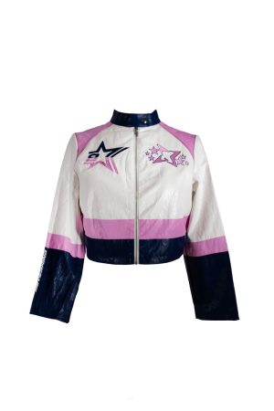 Plus Size Cropped Faux Leather Colorblock Zip-Up Jacket