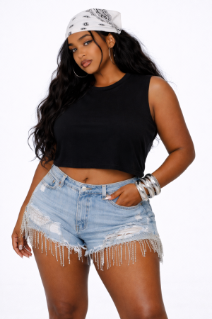 Plus Size Distressed Rhinestone-Fringe Denim Shorts
