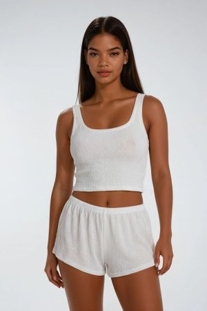 Textured Crop Top & Shorts Swim Cover-Up Set