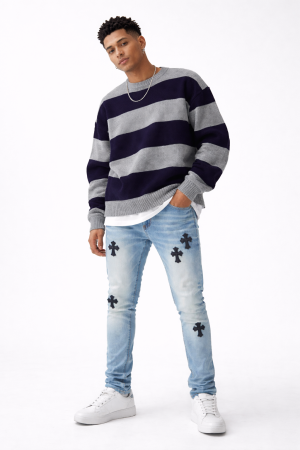 Men's Cross Embroidered Skinny Jeans