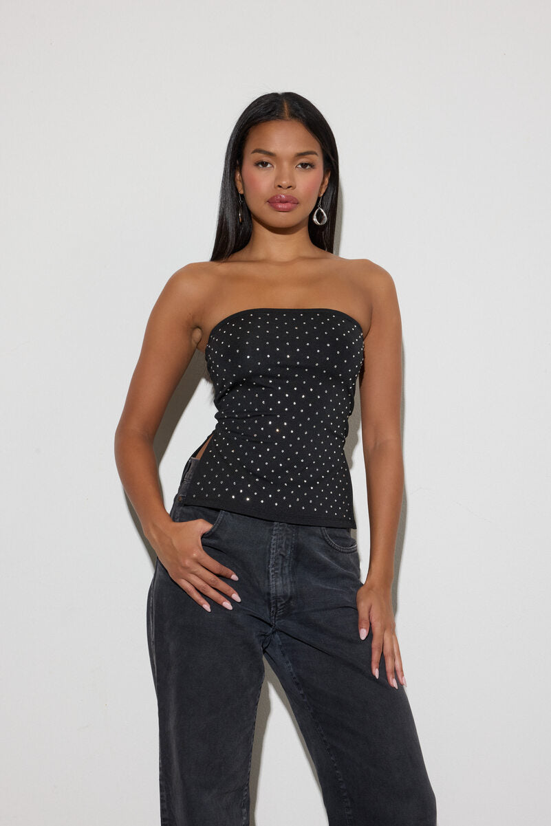 Rhinestone-Studded Split-Hem Tube Top
