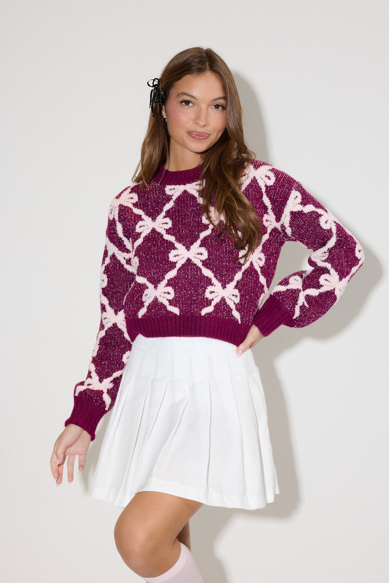 Jacquard Cropped Bow Sweater - Image 2