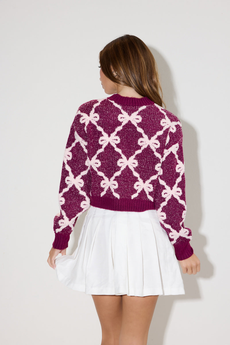 Jacquard Cropped Bow Sweater - Image 3