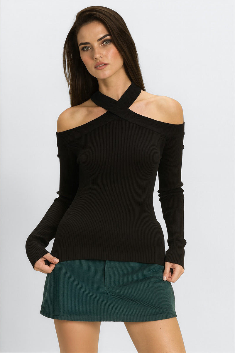Ribbed Off-The-Shoulder Halter Sweater-Knit Top - Image 6