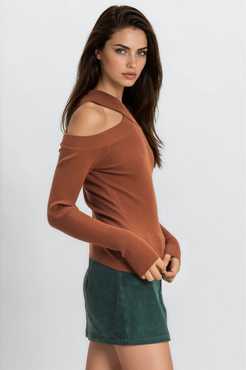 Ribbed Off-The-Shoulder Halter Sweater-Knit Top - Image 3
