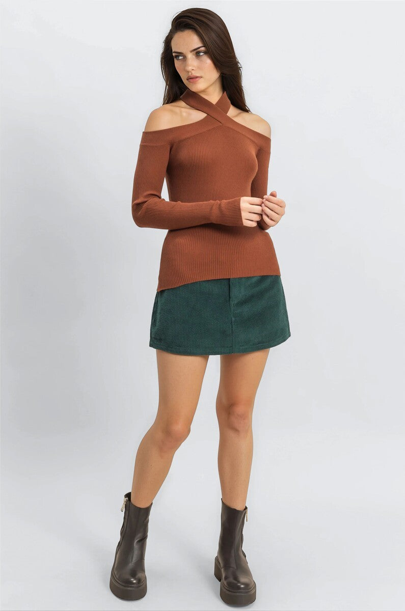 Ribbed Off-The-Shoulder Halter Sweater-Knit Top