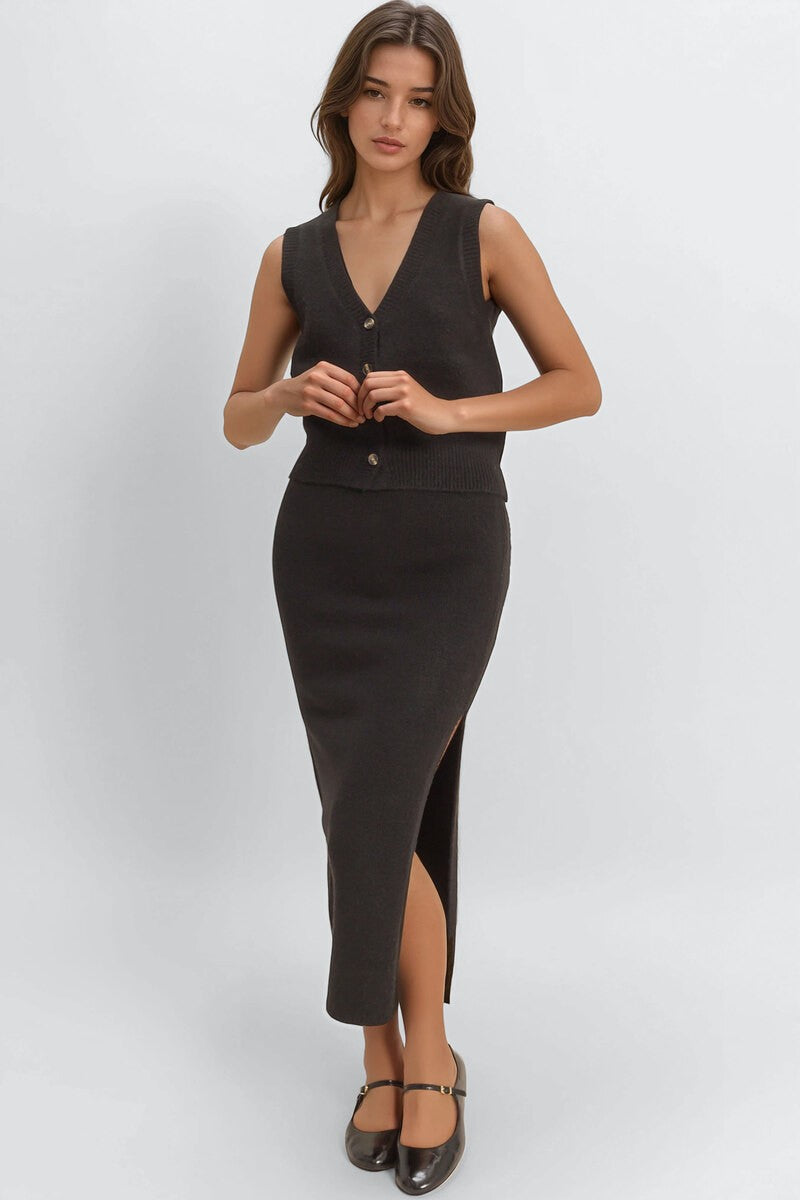 Button-Front Vest & Maxi Skirt Sweater Set - Image 10