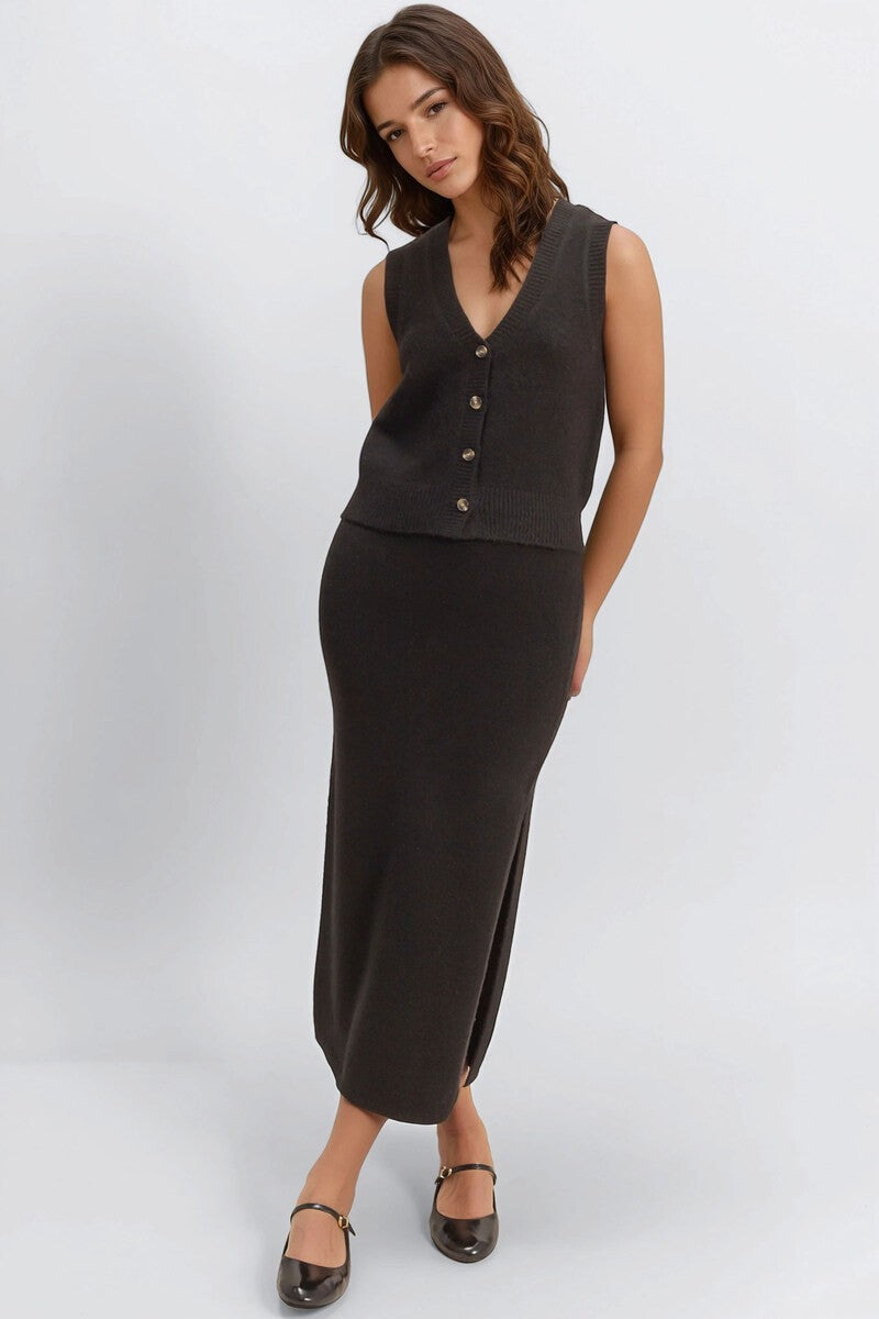 Button-Front Vest & Maxi Skirt Sweater Set - Image 12