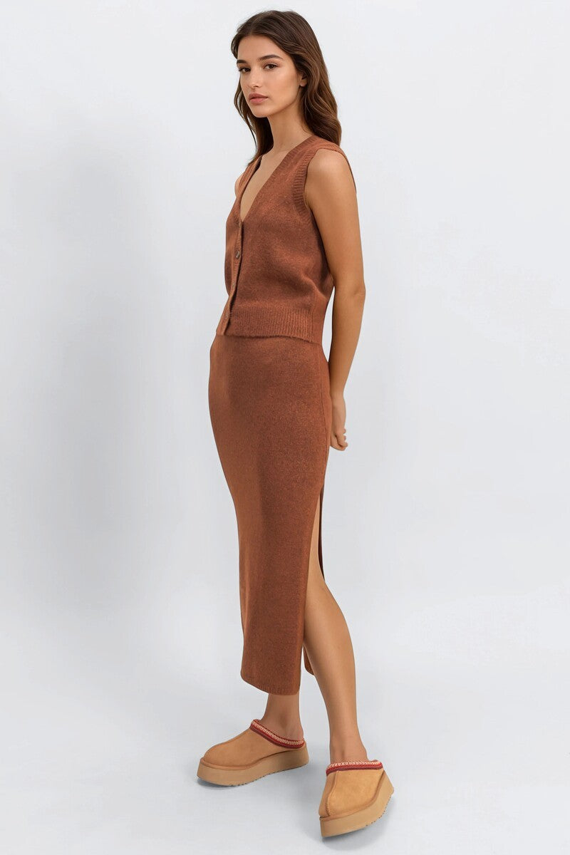 Button-Front Vest & Maxi Skirt Sweater Set - Image 2