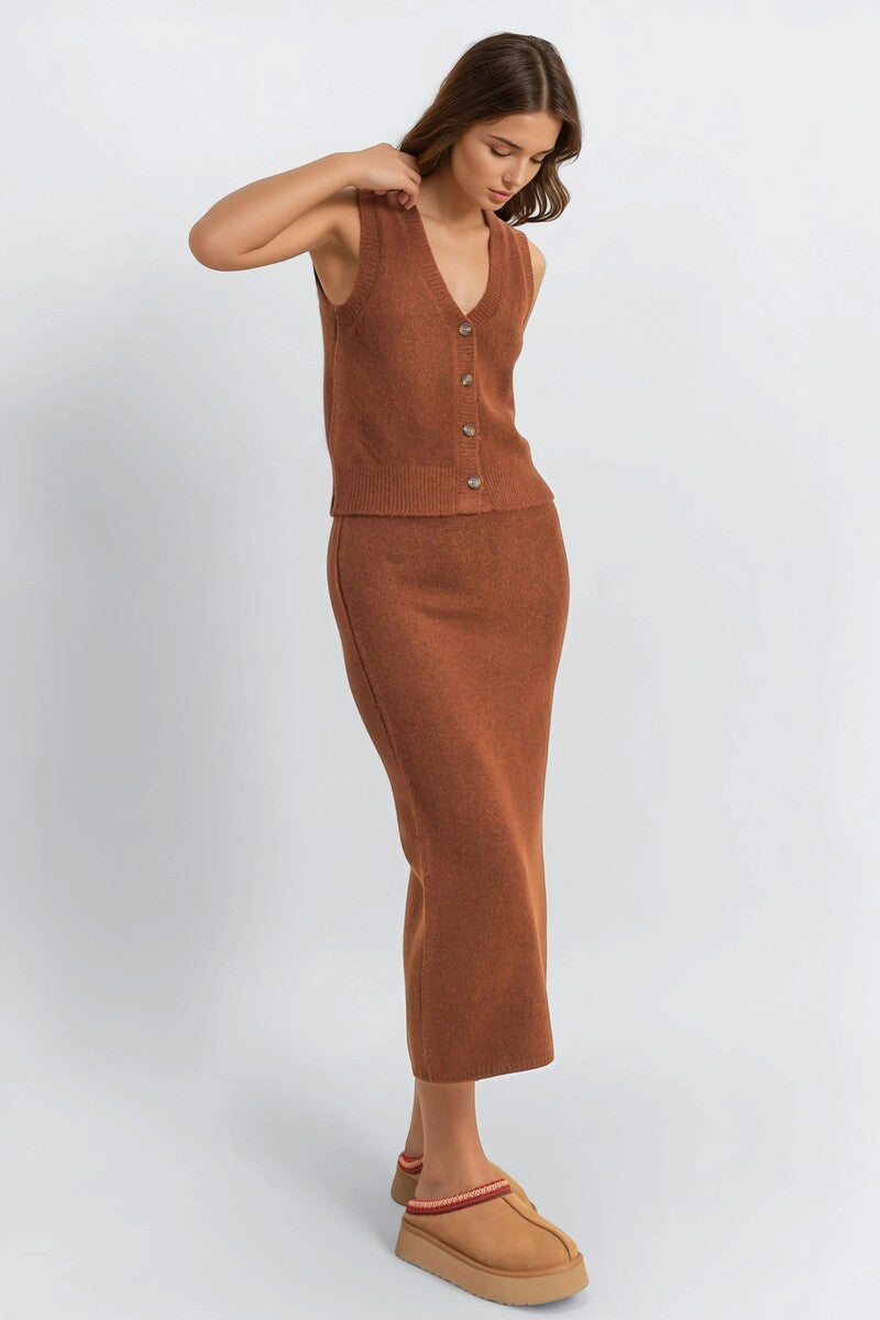 Button-Front Vest & Maxi Skirt Sweater Set - Image 3