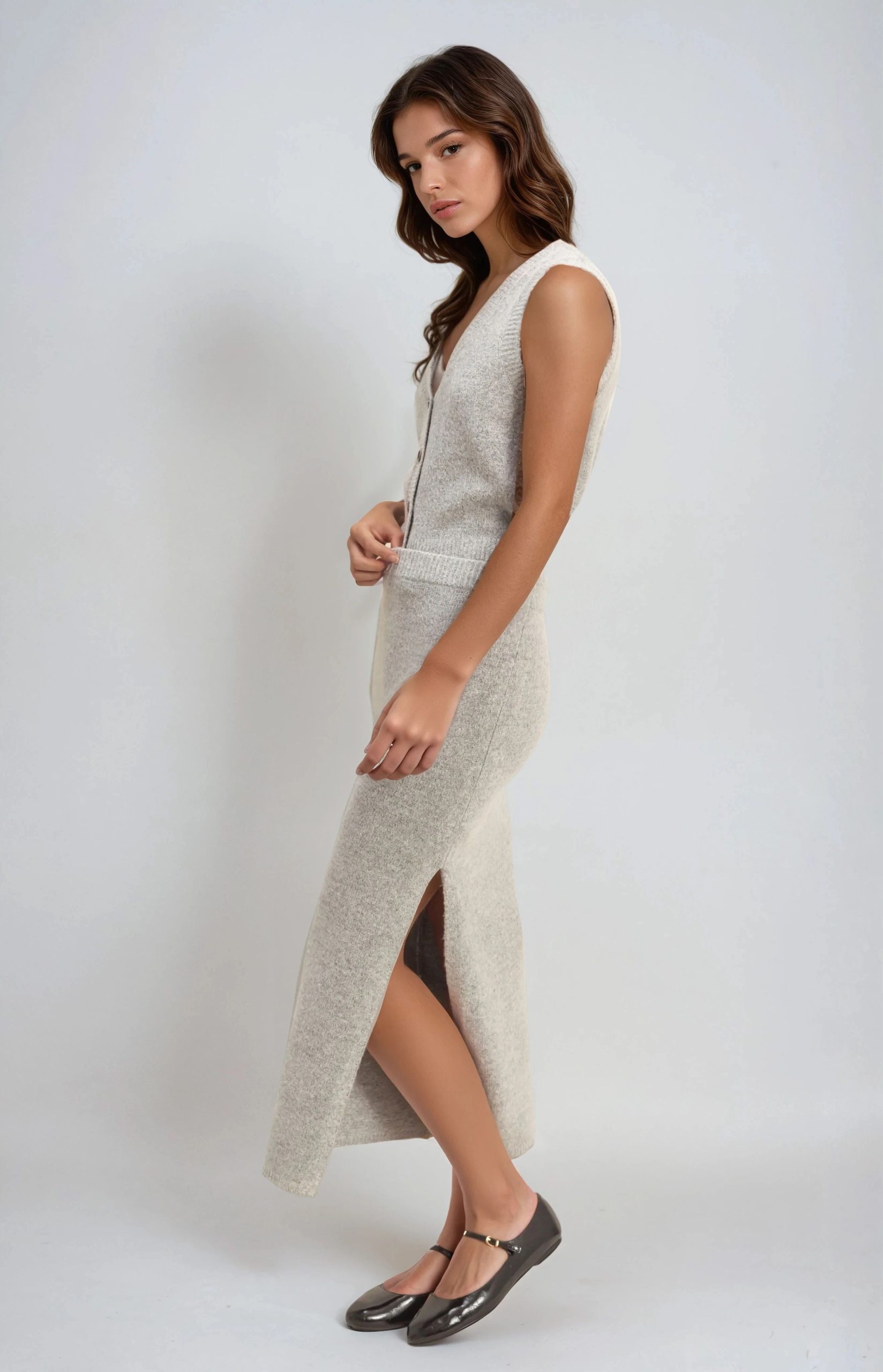 Button-Front Vest & Maxi Skirt Sweater Set - Image 6