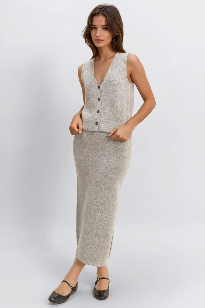 Button-Front Vest & Maxi Skirt Sweater Set - Image 8