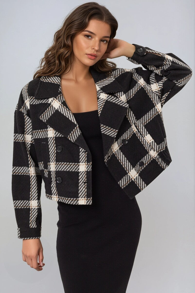 Plaid Double-Breasted Cropped Jacket - Image 3