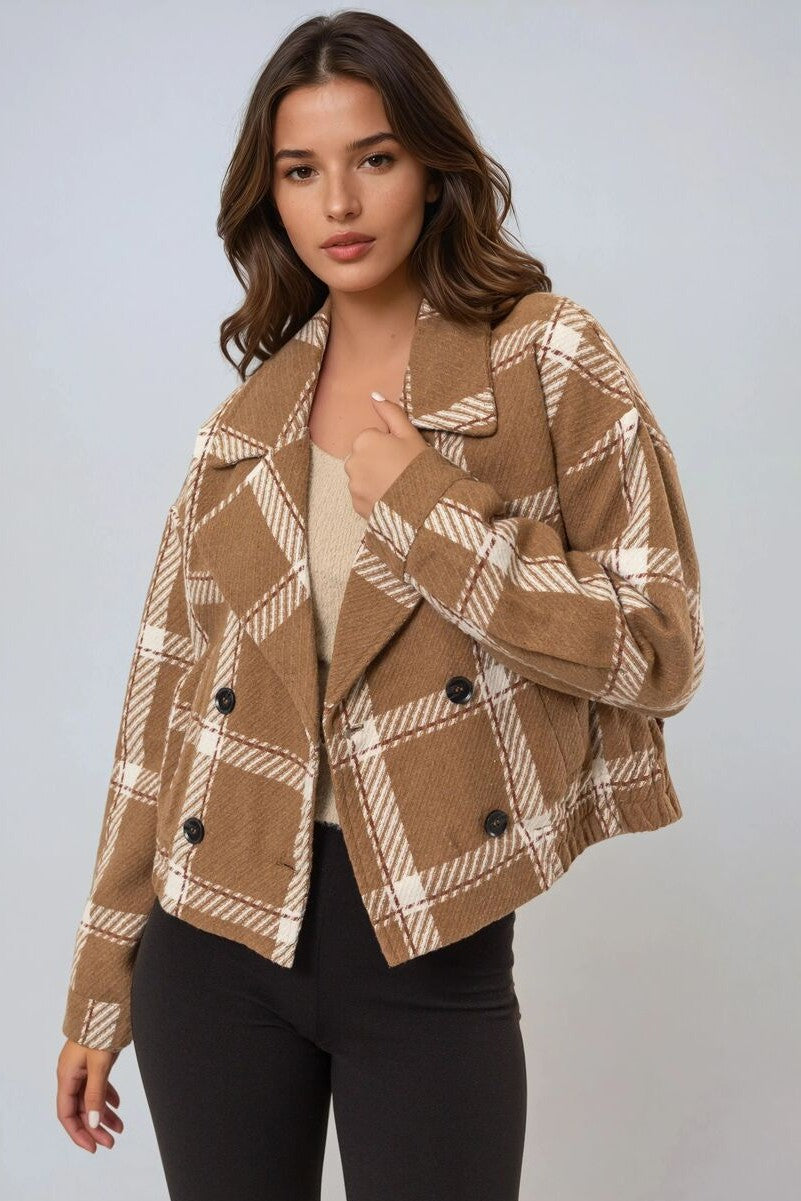 Plaid Double-Breasted Cropped Jacket - Image 5