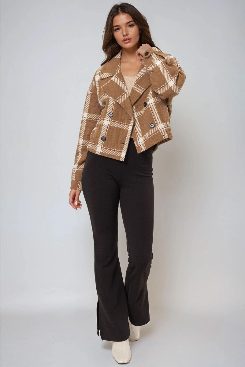 Plaid Double-Breasted Cropped Jacket - Image 7