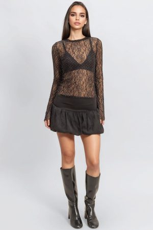 Studded Sheer Lace Long-Sleeve Top