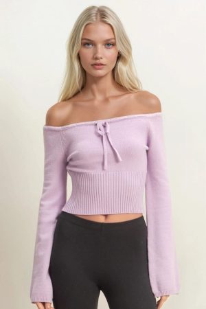 Off-The-Shoulder Tie-Front Sweater Top