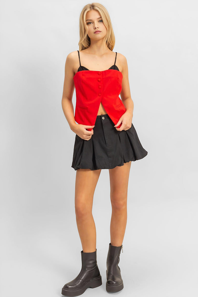 Twill Pleated Balloon Mini Skirt