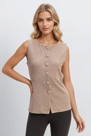 Rib-Knit Button-Front Sleeveless Top