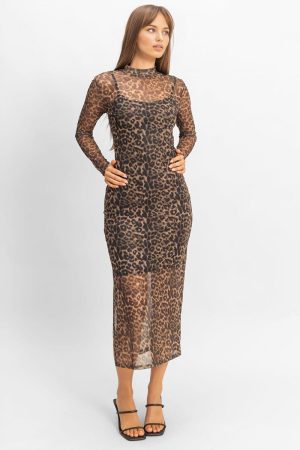Mesh Leopard Print Midi Dress