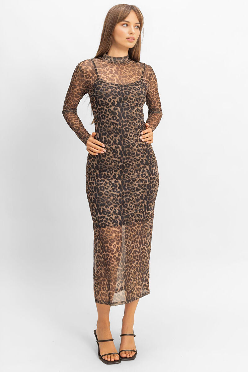 Mesh Leopard Print Midi Dress