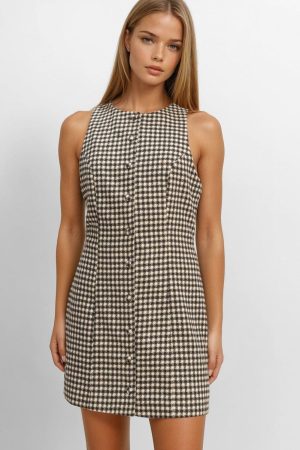 Sleeveless Houndstooth Button-Front Mini Dress